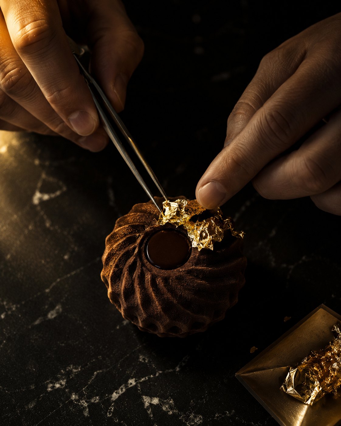 Les mains du pâtissier, pose de feuille d'or
