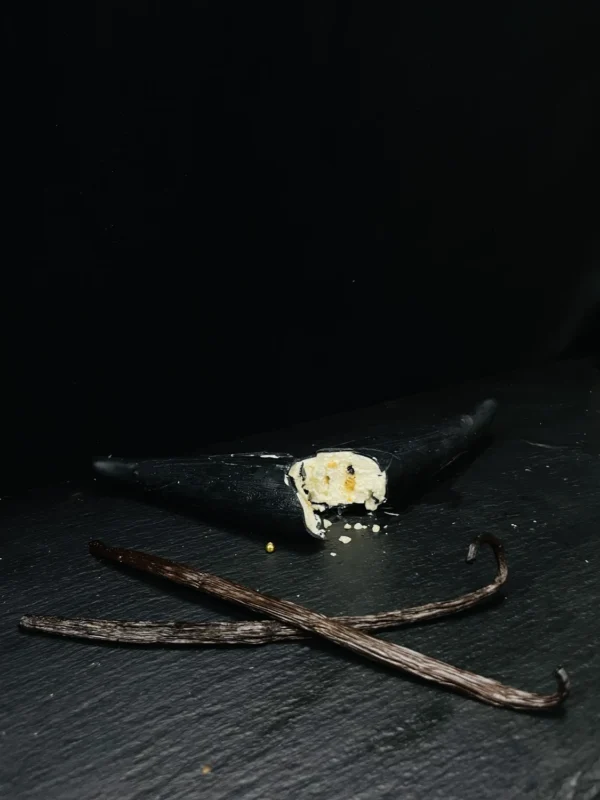Dessert trompe-l'œil en forme de gousse de vanille, création originale et parfumée
